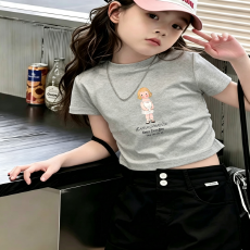 批发1*1纯棉高弹力<b class='q'>女</b><b class='q'>童</b>短袖t恤夏季新款抽褶短款收腰<b class='q'>百搭</b>洋气T恤