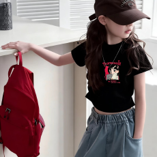批发1*1纯棉高弹力<b class='q'>女</b><b class='q'>童</b>短袖t恤夏季新款抽褶短款收腰<b class='q'>百搭</b>洋气T恤
