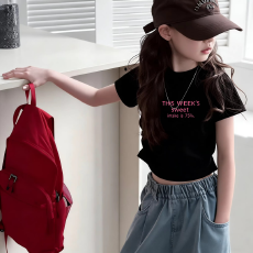 批发1*1纯棉高弹力<b class='q'>女</b><b class='q'>童</b>短袖t恤夏季新款抽褶短款收腰<b class='q'>百搭</b>洋气T恤