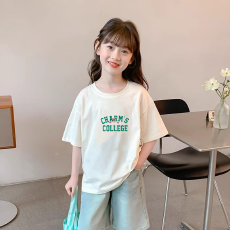 批发纯棉<b class='q'>女</b><b class='q'>童</b>洋气短袖T恤夏装新款百搭圆领印花休闲百搭上衣