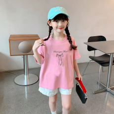 批发纯棉<b class='q'>女</b><b class='q'>童</b>洋气短袖T恤夏装新款百搭圆领印花休闲百搭上衣
