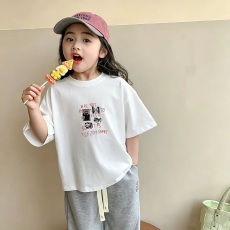 批发纯棉<b class='q'>女</b><b class='q'>童</b>洋气短袖T恤夏装新款百搭圆领印花休闲百搭上衣