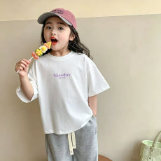 批发纯棉<b class='q'>女</b><b class='q'>童</b>洋气短袖T恤夏装新款<b class='q'>百搭</b>圆领印花休闲<b class='q'>百搭</b>上衣