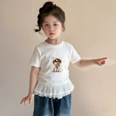 批发纯棉<b class='q'>女</b><b class='q'>童</b><b class='q'>双</b><b class='q'>蕾丝</b><b class='q'>花边卡</b>通印花T恤夏季新款中<b class='q'>大</b><b class='q'>童</b>设计感上衣