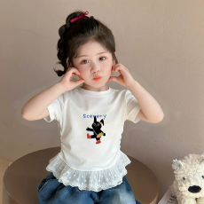 批发纯棉女童双蕾丝花边卡通印花<b class='q'>T</b>恤夏季新款中大童设计感上衣