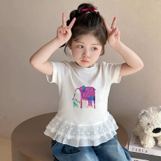 批发纯棉女童双蕾丝花边卡通印花<b class='q'>T</b>恤夏季新款中大童设计感上衣