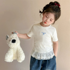 纯棉女童双蕾丝花边卡通印花T恤夏季新款中大童设计感上衣