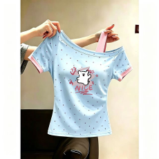 批发女童设计感波点斜肩t恤夏季新款洋气韩系多巴胺波点短袖T恤