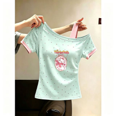 批发女童设计感波点斜肩t恤夏季新款洋气韩系多巴胺波点短袖T恤