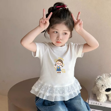 批发纯棉女童双蕾丝花边卡通印花T恤夏季新款中大童设计感上衣