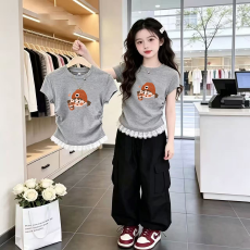 批发1*1纯棉高弹力女童蕾丝花边短袖t恤<b class='q'>夏</b>季新款儿童褶皱收腰T恤
