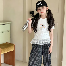 批发纯棉女童双蕾丝花边卡通印花T恤<b class='q'>夏</b>季新款中大童设计感上衣