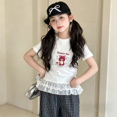 批发纯棉女童双蕾丝花边卡通印花T恤<b class='q'>夏</b>季新款中大童设计感上衣
