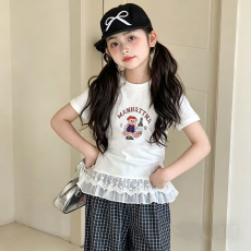 批发纯棉女童双蕾丝花边卡通印花T恤<b class='q'>夏</b>季新款中大童设计感上衣