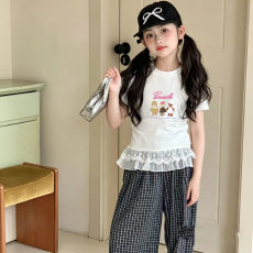 批发纯棉女童双蕾丝花边卡通印花T恤<b class='q'>夏</b>季新款中大童设计感上衣