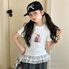 批发纯棉女童双蕾丝花边卡通印花T恤夏季新款中大童设计感上衣