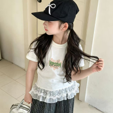 批发纯棉女童双蕾丝花边卡通印花T恤夏季新款中大童设计感上衣