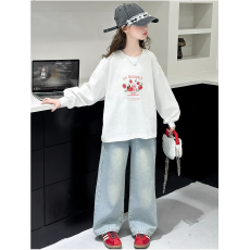 批发纯棉 带螺纹袖口女童长袖T恤新款儿童洋气圆领百搭t恤