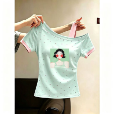 批发女童设计感波点斜肩t恤夏季新款洋气韩系多巴胺波点短袖T恤