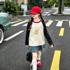 批发纯棉女童插肩长袖T恤秋装新款儿童宽松洋气T恤拼色百搭上衣