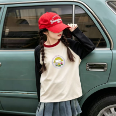批发纯棉女童插肩长袖T恤秋装新款儿童宽松洋气T恤拼色百搭上衣