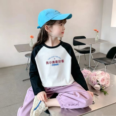批发纯棉女童插肩长袖T恤秋装新款儿童宽松洋气T恤拼色百搭上衣