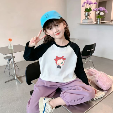 批发纯棉女童插肩长袖T恤秋装新款儿童宽松洋气T恤拼色百搭上衣
