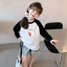 批发纯棉女童插肩<b class='q'>长袖</b><b class='q'>T</b><b class='q'>恤</b>秋装新款<b class='q'>儿童</b>宽松洋气<b class='q'>T</b><b class='q'>恤</b>拼色百搭上衣