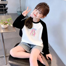 批发纯棉女童插肩<b class='q'>长袖</b><b class='q'>T</b><b class='q'>恤</b>秋装新款<b class='q'>儿童</b>宽松洋气<b class='q'>T</b><b class='q'>恤</b>拼色百搭上衣