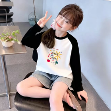 批发纯棉女童插肩<b class='q'>长袖</b><b class='q'>T</b><b class='q'>恤</b>秋装新款<b class='q'>儿童</b>宽松洋气<b class='q'>T</b><b class='q'>恤</b>拼色百搭上衣