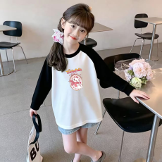 批发纯棉女童插肩<b class='q'>长袖</b><b class='q'>T</b><b class='q'>恤</b>秋装新款<b class='q'>儿童</b>宽松洋气<b class='q'>T</b><b class='q'>恤</b>拼色百搭上衣