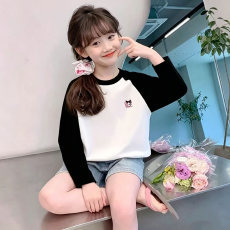 批发纯棉女童插肩长袖T恤<b class='q'>秋</b>装新款儿童宽松洋气T恤拼色百搭上衣