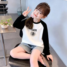 批发纯棉女童插肩长袖T恤<b class='q'>秋</b>装新款儿童宽松洋气T恤拼色百搭上衣