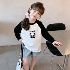 批发纯棉女童插肩长袖T恤<b class='q'>秋</b>装新款儿童宽松洋气T恤拼色百搭上衣