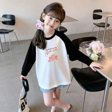 批发纯棉女童插肩长袖T恤<b class='q'>秋</b>装新款儿童宽松洋气T恤拼色百搭上衣