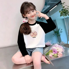 批发纯棉女童插肩长袖T恤<b class='q'>秋</b>装新款儿童宽松洋气T恤拼色百搭上衣