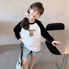 批发纯棉女童插肩长袖T恤<b class='q'>秋</b>装新款儿童宽松洋气T恤拼色百搭上衣