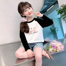 批发纯棉女童插肩长袖T恤<b class='q'>秋</b>装新款儿童宽松洋气T恤拼色百搭上衣