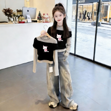 纯棉女童韩版长袖T恤春秋新款短款拼接假两件百搭洋气打底衫