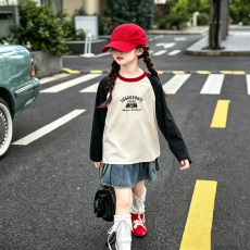 批发纯棉女童插肩<b class='q'>长袖</b><b class='q'>T</b><b class='q'>恤</b>秋装新款<b class='q'>儿童</b>宽松洋气<b class='q'>T</b><b class='q'>恤</b>拼色百搭上衣