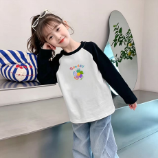 批发纯棉女童插肩长袖T恤<b class='q'>秋</b>装新款儿童宽松洋气T恤拼色百搭上衣