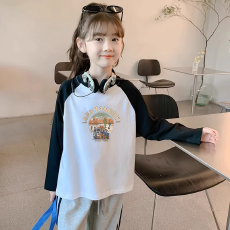 批发纯棉女童插肩长袖T恤<b class='q'>秋</b>装新款儿童宽松洋气T恤拼色百搭上衣