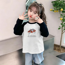批发纯棉女童插肩长袖T恤<b class='q'>秋</b>装新款儿童宽松洋气T恤拼色百搭上衣