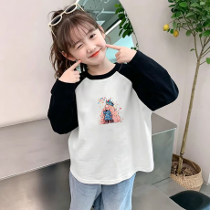 批发纯棉女童插肩长袖T恤<b class='q'>秋</b>装新款儿童宽松洋气T恤拼色百搭上衣