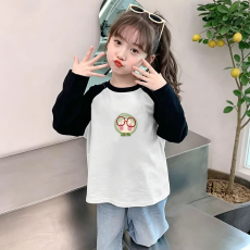 批发纯棉女童插肩长袖T恤<b class='q'>秋</b>装新款儿童宽松洋气T恤拼色百搭上衣