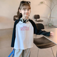 批发纯棉女童插肩长袖T恤<b class='q'>秋</b>装新款儿童宽松洋气T恤拼色百搭上衣