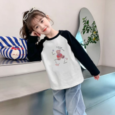 批发纯棉女童插肩长袖T恤<b class='q'>秋</b>装新款儿童宽松洋气T恤拼色百搭上衣
