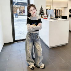 纯棉女童韩版长袖T恤春秋新款短款拼接假两件百搭洋气打底衫