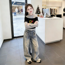 纯棉女童韩版长袖T恤春秋新款短款拼接假两件百搭洋气打底衫