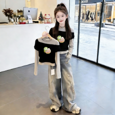 纯棉女童韩版长袖T恤春秋新款短款拼接假两件百搭洋气打底衫